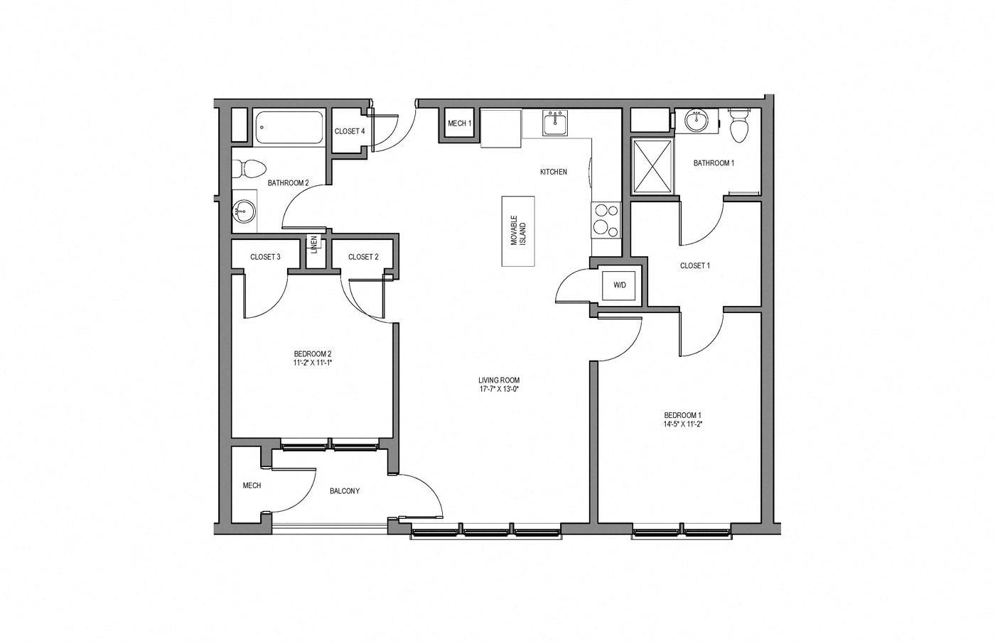 Floor plan for 2 beds, 2 baths, 1026 sqft